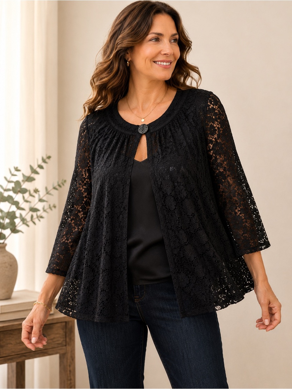 Solitaire Black Lace Open Front Cardigan Shrug Jacket Sz  L Romantic Cottagecore